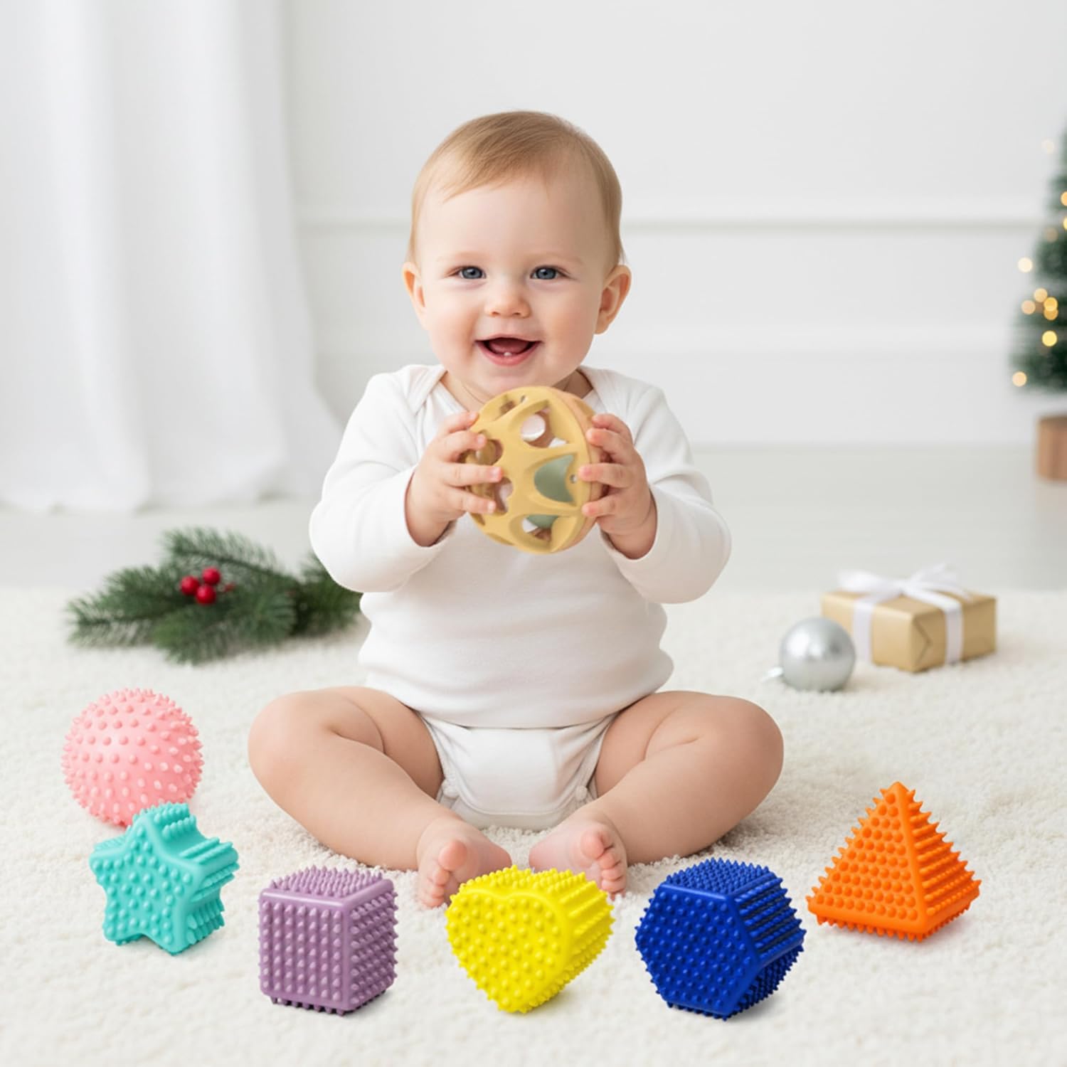 Sensory Rattle Balls Textured—Baby Teething Sensory Montessori Toys, Soft chew with rattles, Wheat Straw Travel 6-12M + Baby Sensory Balls—Textured Geometric Shapes, Spiky Squeeze Bath Gifts.