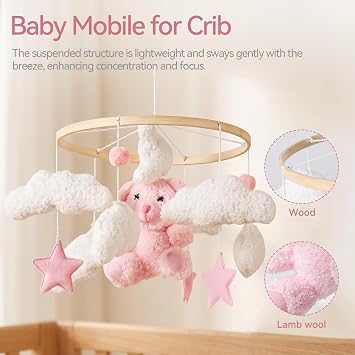 EERKEOD Baby Crib Mobile Bear Nursery Mobile for Boys Girls Teddy Velvet Mobile Nursery Decor for Infant Bedroom Hanging Baby Mobile for Bassinet Newborn Baby Gift(Pink Bear)