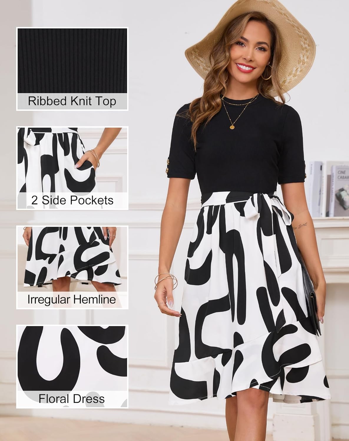 Annebouti Womens 2026 Short Sleeve Summer Spring Ribbed Modest Semi-Formal Teacher Casual Work Midi Dress with Pockets - Image 5