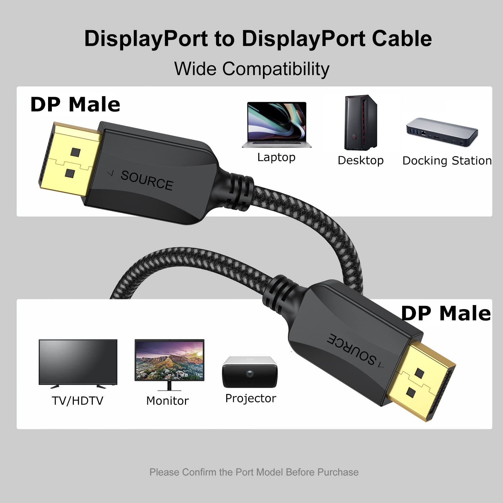 Lot de 10 câbles DisplayPort vers DisplayPort de 5,7 m, câble adaptateur fin DP mâle vers mâle 4K, 2K @ 165 Hz/144 Hz pour ordinateur, station d'accueil, moniteur et plus encore