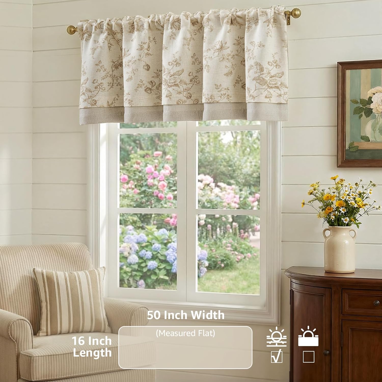 jinchan Amlie Floral Linen Valance Curtain Farmhouse Kitchen Valance for Living Room Laundry Light Filtering Double Layer Cottagecore Window Treatment Rod Pocket 1 Panel 16 Inch Taupe on Linen