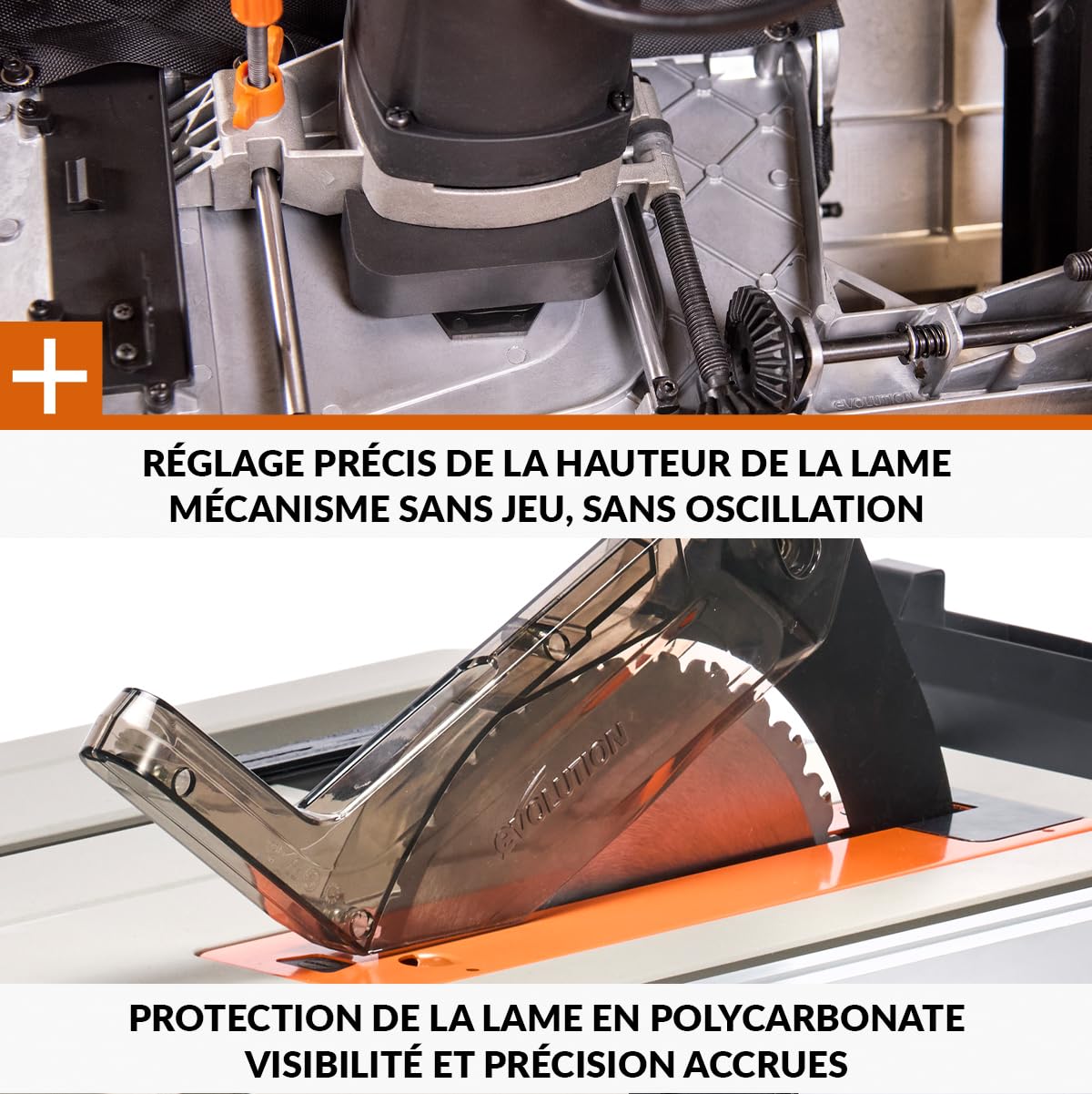 Evolution Power Tools R255TBL+ Scie De Table Rage 5-S Lame Multi-Matériaux 1800W Coupe Bois Métal Plastique Chanfrein 45° Onglet +/-60°