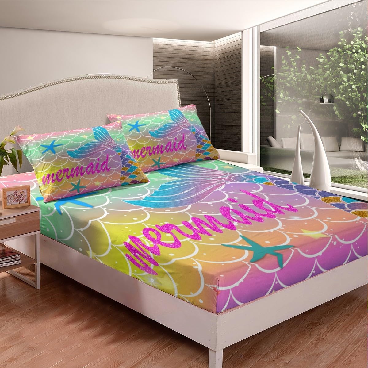 Mermaid Tail Fitted Sheet Gradient Rainbow Fish Scales Bed Sheets Full,Nautical Sea Animal Sheets Pink Green Purple Yellow Orange,Kawaii Starfish Ocean Decor