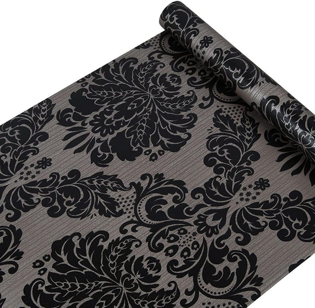 Black Damask Wallpaper Self Adhesive Shelf Vinyl Paper Peel and Stick Damask Wallpaper Roll Shelf Liner Cabinets Door Drawer Sticker 17.7" x 196" (45cm x 5m)