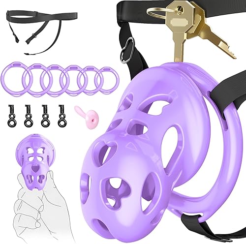 Miniatura 11 de Encantador cinturón de castidad rosa para hombres, dispositivos de castidad ligeros con cabeza de silicona suave de 6 anillos, accesorios de bondage