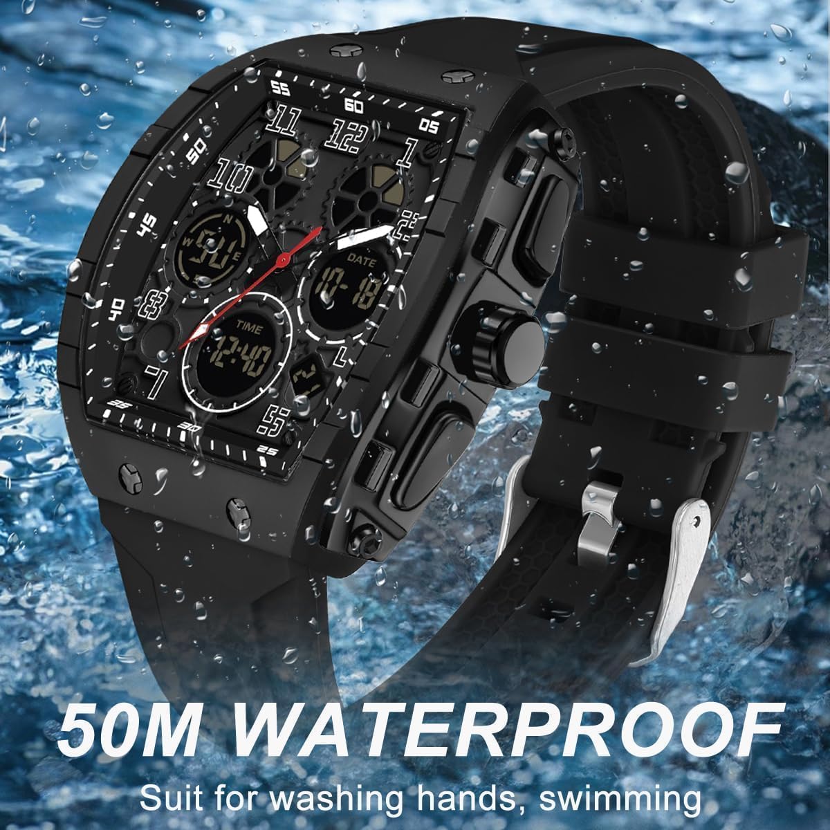 Men's Watch Fashion Digital Analog Watches Waterproof Sport Wristwatch Military Tactical Watches Causal Quartz Dress Wrist Watch with LED Stopwatch Countdown Alarm Curved Screen Relojes para Hombres - Image 4