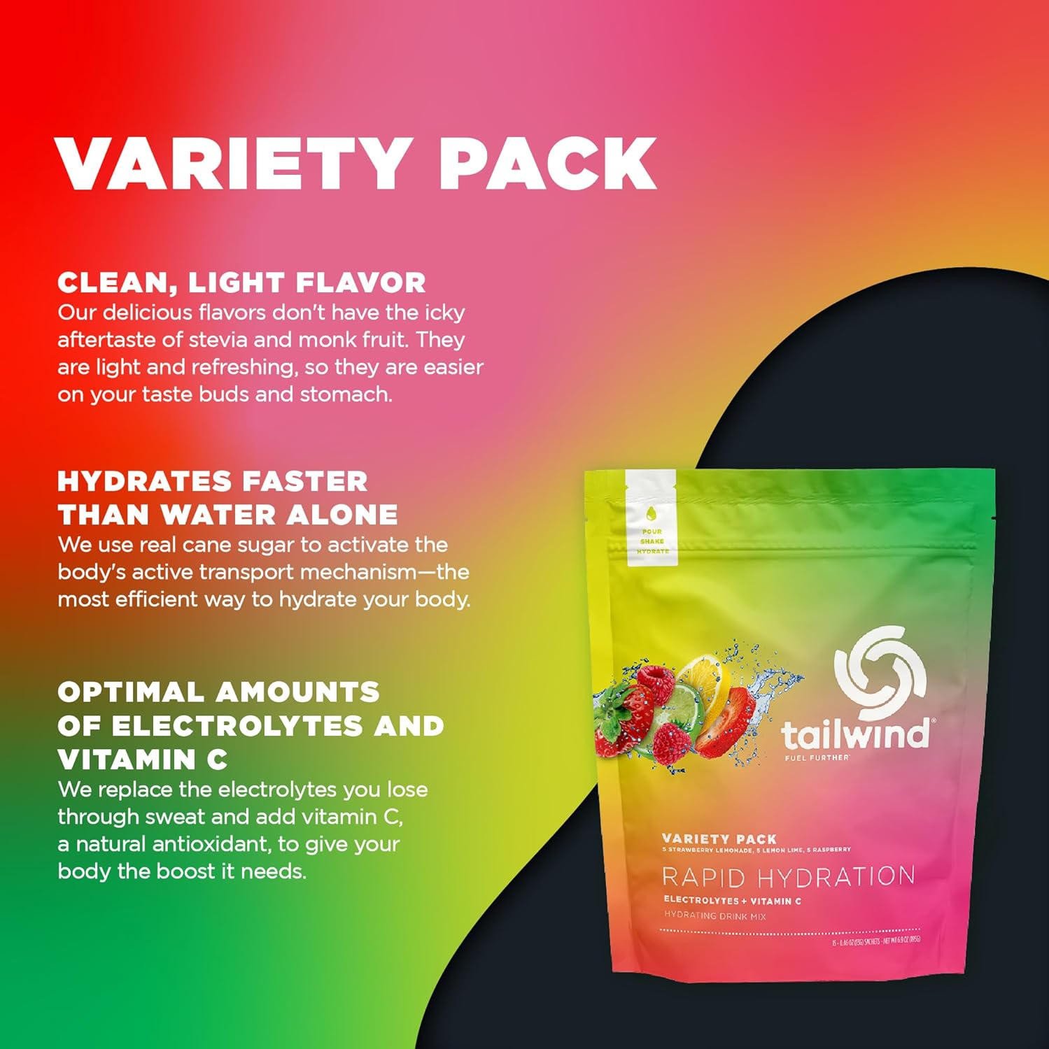 Tailwind Nutrition Rapid Hydration, Electrolyte & Hydration Powder, Vitamin C & Sea Salt Exercise Workout Mix, 5 Flavor Variety Pack, Pack of 15 Sticks