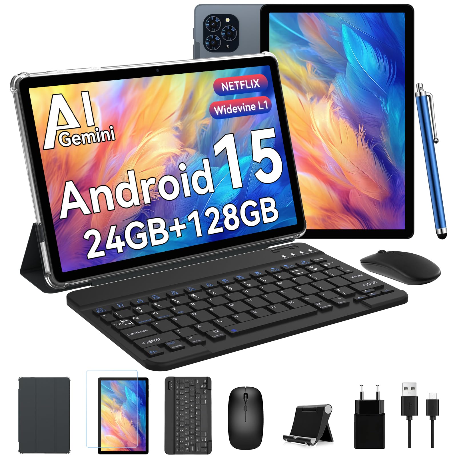 TABWEE Android 15 Tablet con Tastiera, Gemini AI - 24GB RAM+128GB ROM/2TB TF Tablet 11 Pollici, Unisoc T615 Octa-Core Tablets Gaming, 8000mAh, Widevine L1, 13MP+5MP/5G WiFi/GPS/Face ID/BT 5.0
