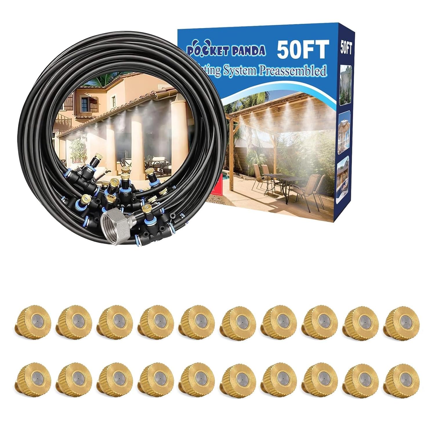 Misting Cooling System 50FT+20Pcs Brass Mister Nozzles for Outside Patio Misting