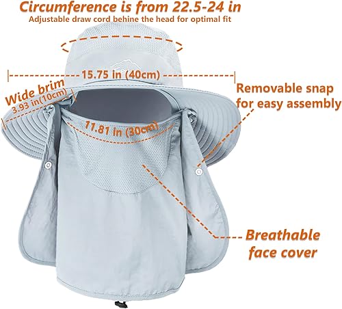 Miniatura 35 de Sombrero de pesca solar UPF 50+ para hombres y mujeres, sombrero de ala ancha con cubierta facial desmontable y solapa para el cuello
