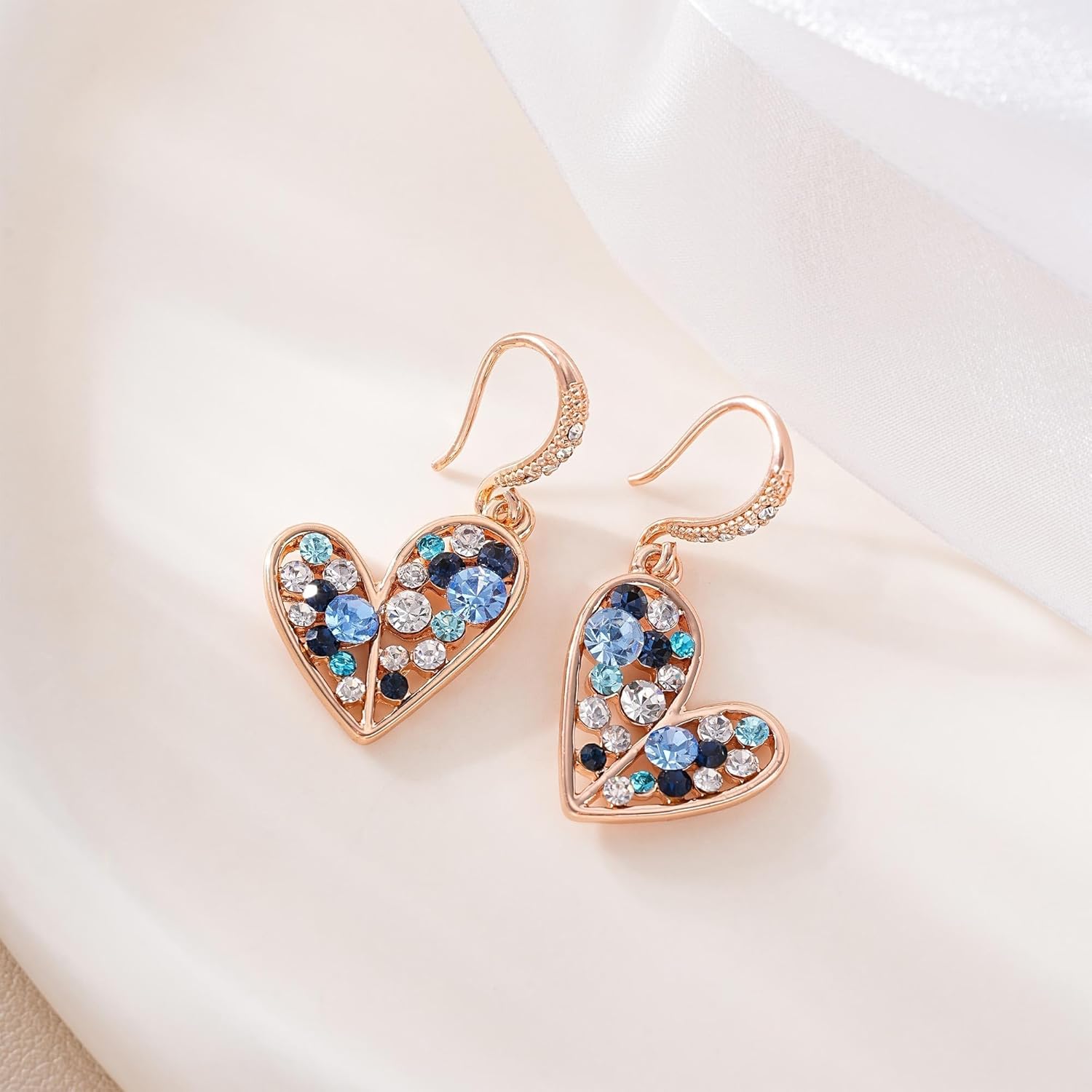 EVEVIC Austrian Crystals Heart Pendant Necklace Earrings Set for Women 14K Rose Gold Plated Drop Earrings Hypoallergenic Jewelry Set Gift for Birthday Anniversary Wedding - Image 5