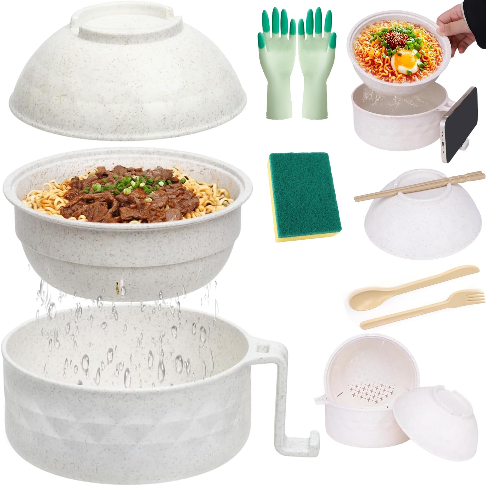 Gienslru Microwave Ramen Bowl with Lid, 2026 New Ramen Noodles Bowl Set with Chopsticks, Spoon and Fork, Large Portable Soup Container with Handles for Dorm Room College Apartment Essentials (Beige)