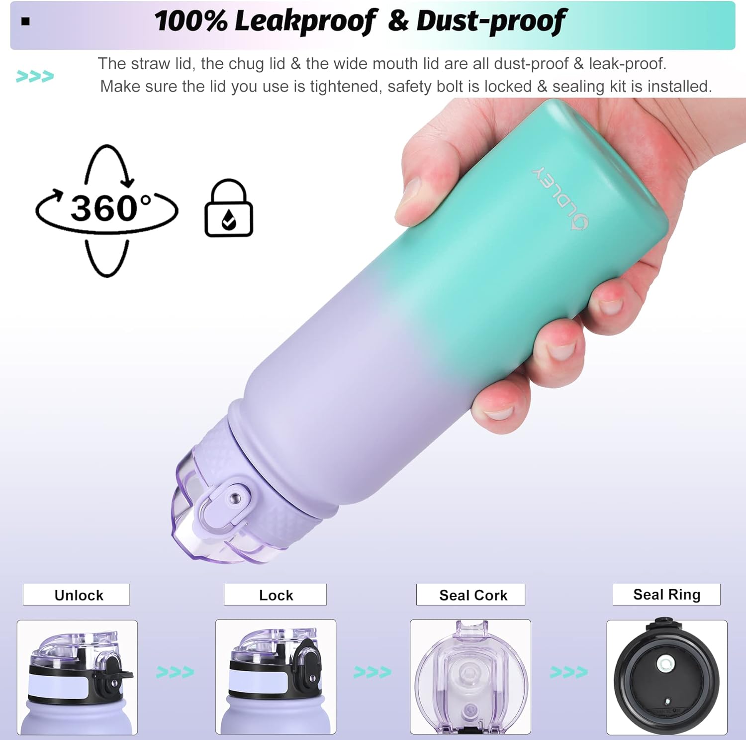 Oldley Insulated Water Bottle with Straw 20oz Stainless Steel Water Bottles with 3 lids Double-Wall Vacuum Thermal for Kids Adults School Sports,Purple green - Image 6