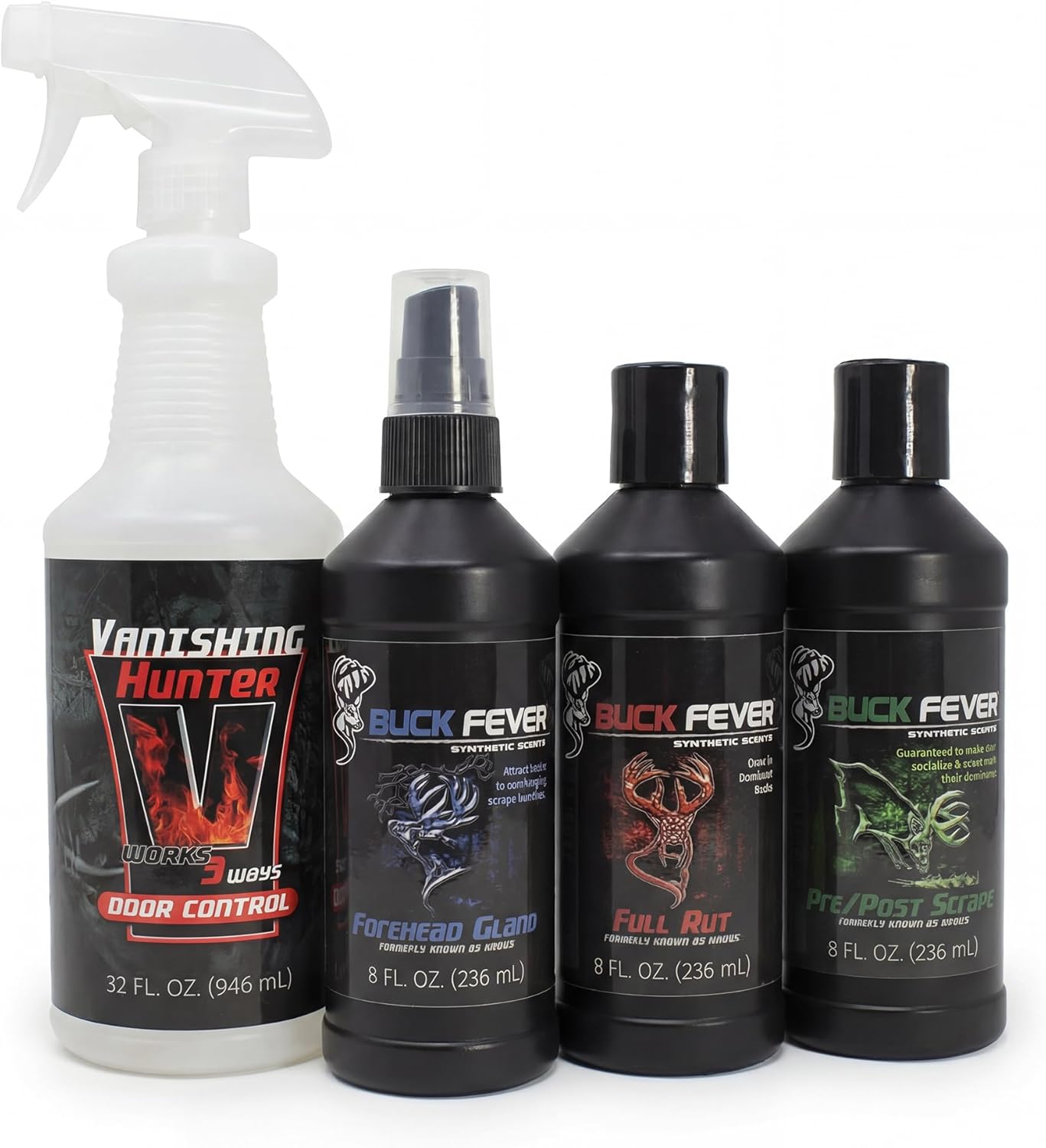 Buck Fever Synthetic Buck Lure Pro Pack – Synthetically Formulated 4-Piece Deer Scent Attractant Combo w/ Vanishing Hunter 32 oz, Rut Scents 8 oz & Forehead Gland 8 oz - Fresh, Non Spoiling Deer Lure