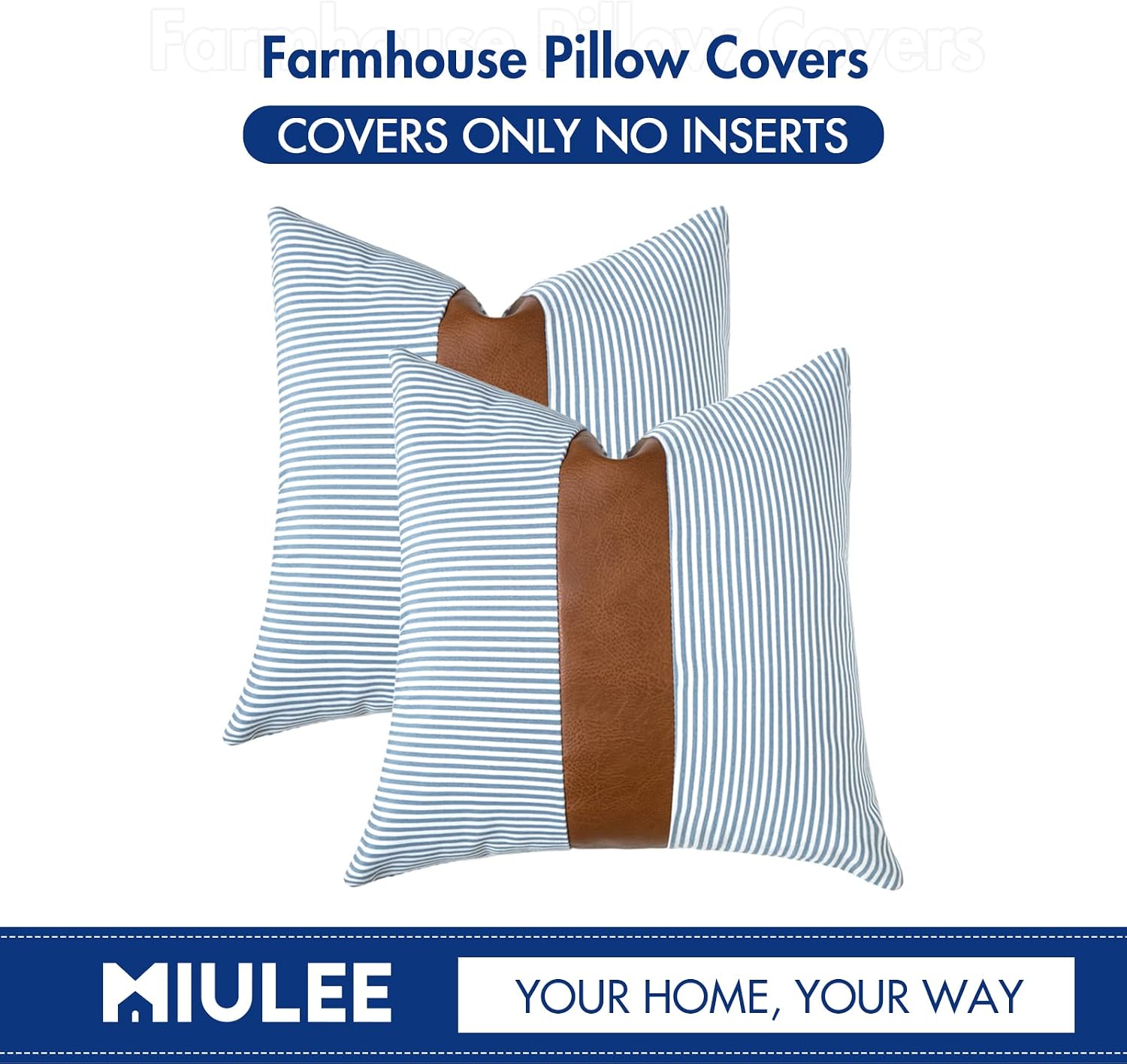 MIULEE Pack of 2 Stripe Boho Throw Pillow Covers Decorative Square Farmhouse Pillowcase Faux Leather Accent Couch Case for Sofa Bedroom Car 18 X 18 Inch Smoky-Blue