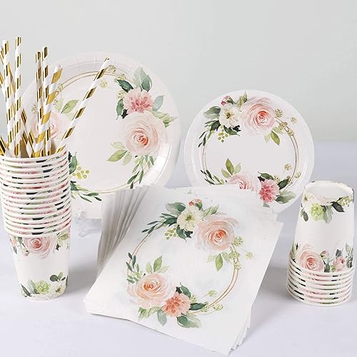 Miniatura 7 de Platos de papel floral, 24 invitados, platos llanos, platos de postre, vasos, pajitas de papel doradas y servilletas para baby shower, despedida de