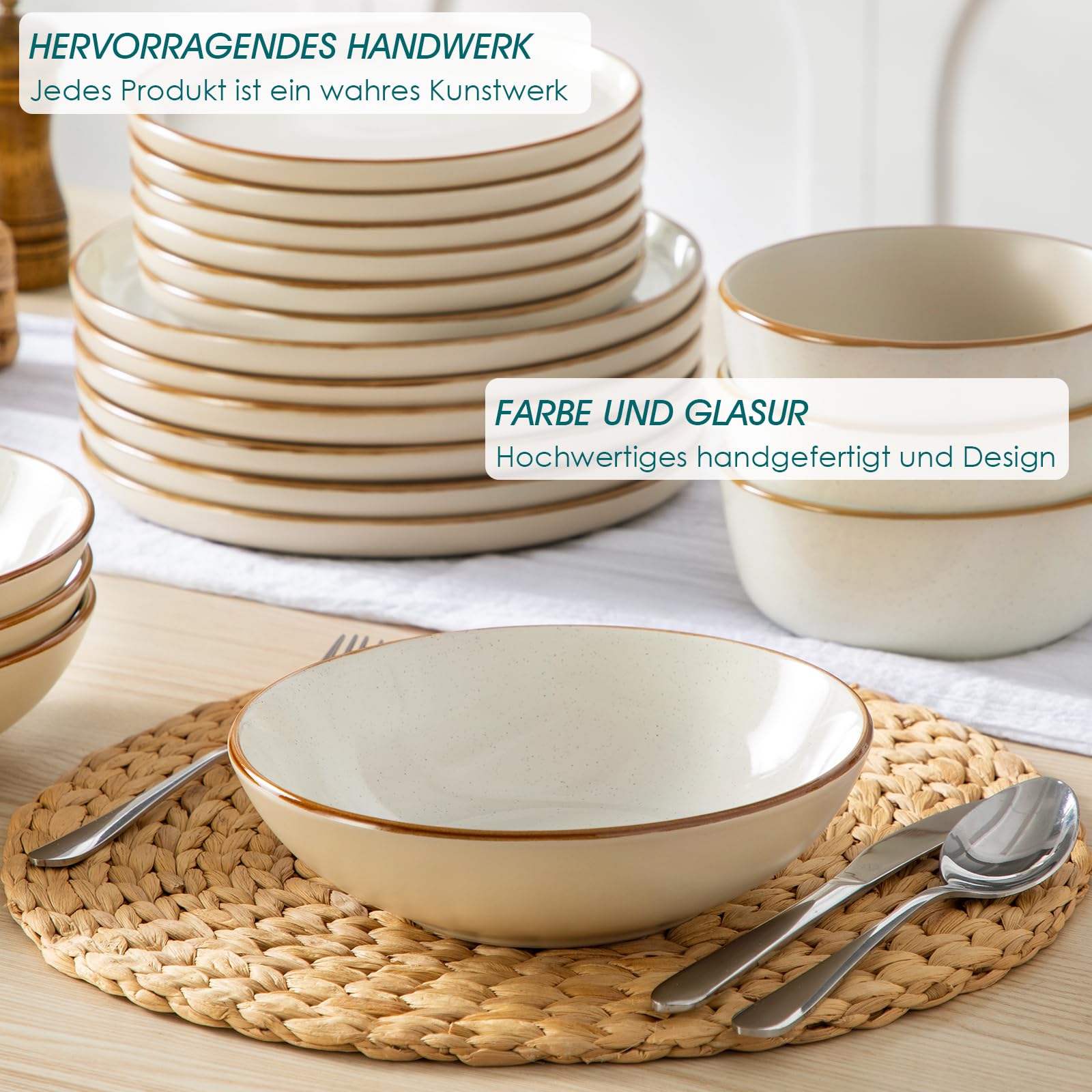 Geschirrset 6 Personen, vancasso RENO 24-tlg Steingut Teller Set Modern, Tafelservice mit Speiseteller, Suppenteller, Dessertteller, Schüsseln, Geschirr Spülmaschinenfest & Mikrowellengeeignet, Beige