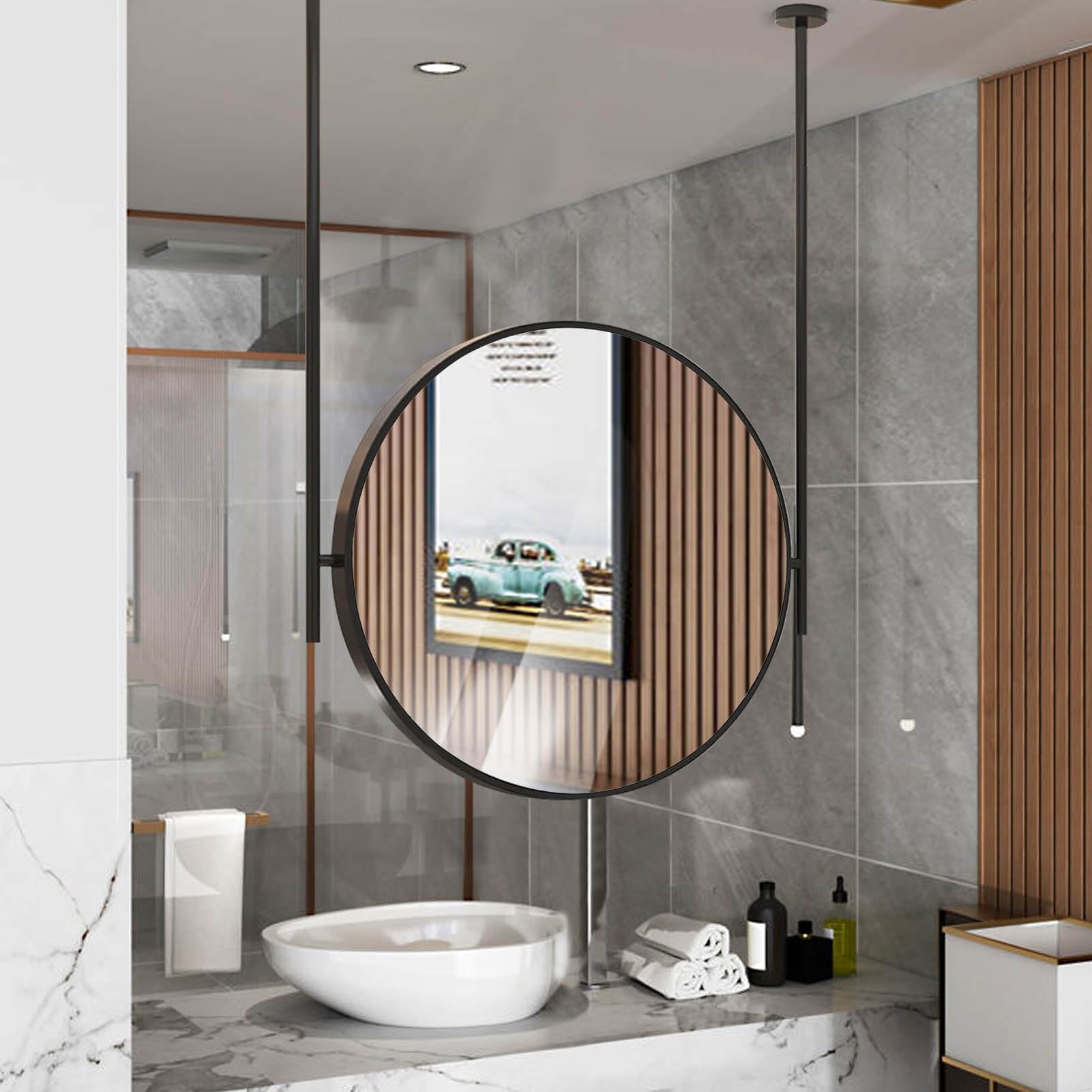 SXFSDOU Wall Glass Mirror for Bathroom Living Room, Ceiling Hanging Mounted Makeup Circle Mirrors with Metal Frame and Boom - Decorative Mirror(Diameter-50CM/19.7INCH)