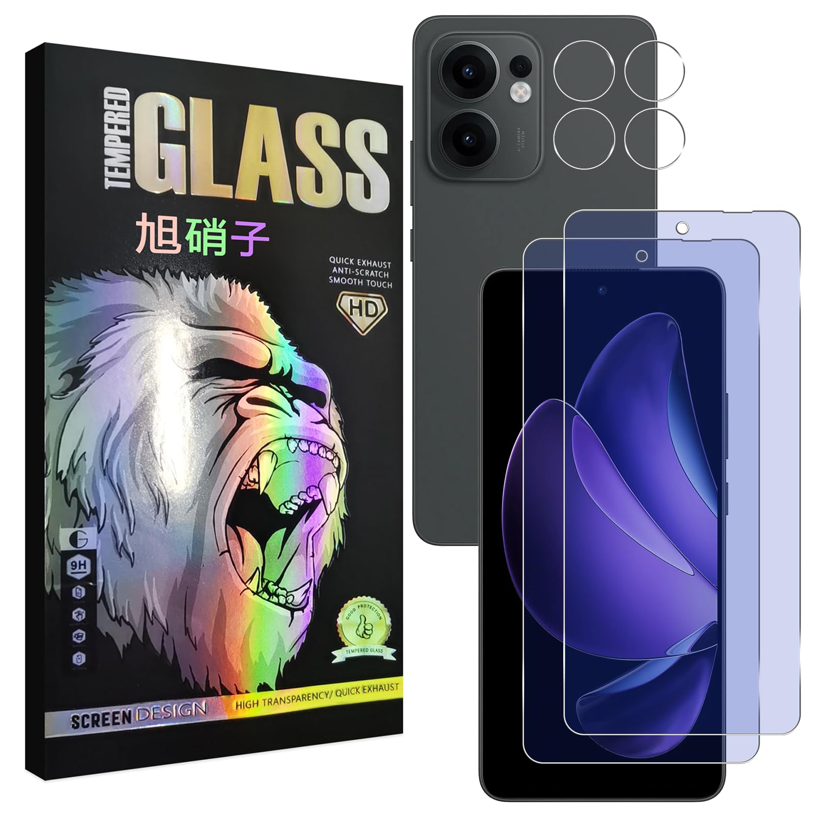 OPPO Reno13 A フイルム ブルーライトカット 指紋認証対応 【2+2 枚セット -国産AGC旭硝子素材】 oppo reno13a ガラスフイルム（２枚入り）+ レンズフィルム （２枚入り） ピオッポ リノ13 エー 液晶 保護フィルム 強化ガラス ブルーライト 目の疲れ軽減 【 硬度9H 超薄 気泡ゼロ 高感度 指紋防止 超耐久 ラウンドエッジ加工 】 TZ13ALG22