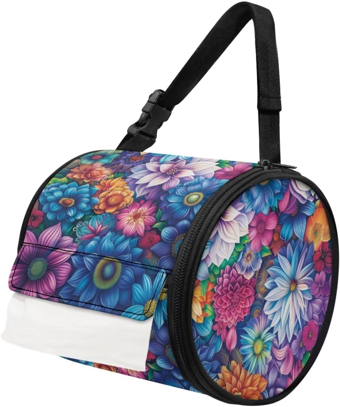 ZDCUSTOM Hippie Floral Blossoms Hanging Toilet Paper Holder Cute Tissue Bag for Car Toilet Paper Protector with Strap Round Paper Towel Storage Bag Suitable for Camping Bathroom Hiking Travel