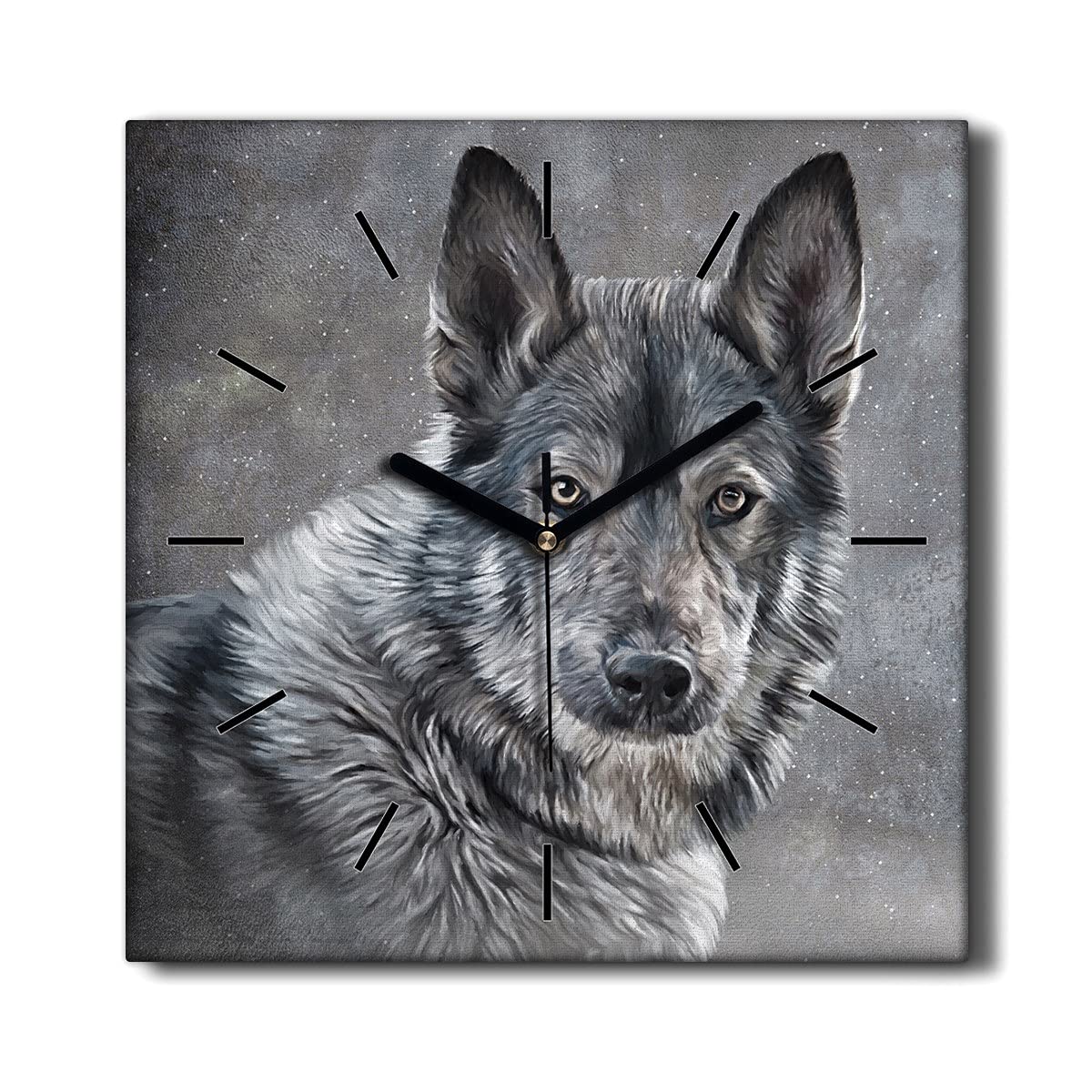 Horloge sur Toile 30x30cm avec impression loup enneigé haute durabilité.