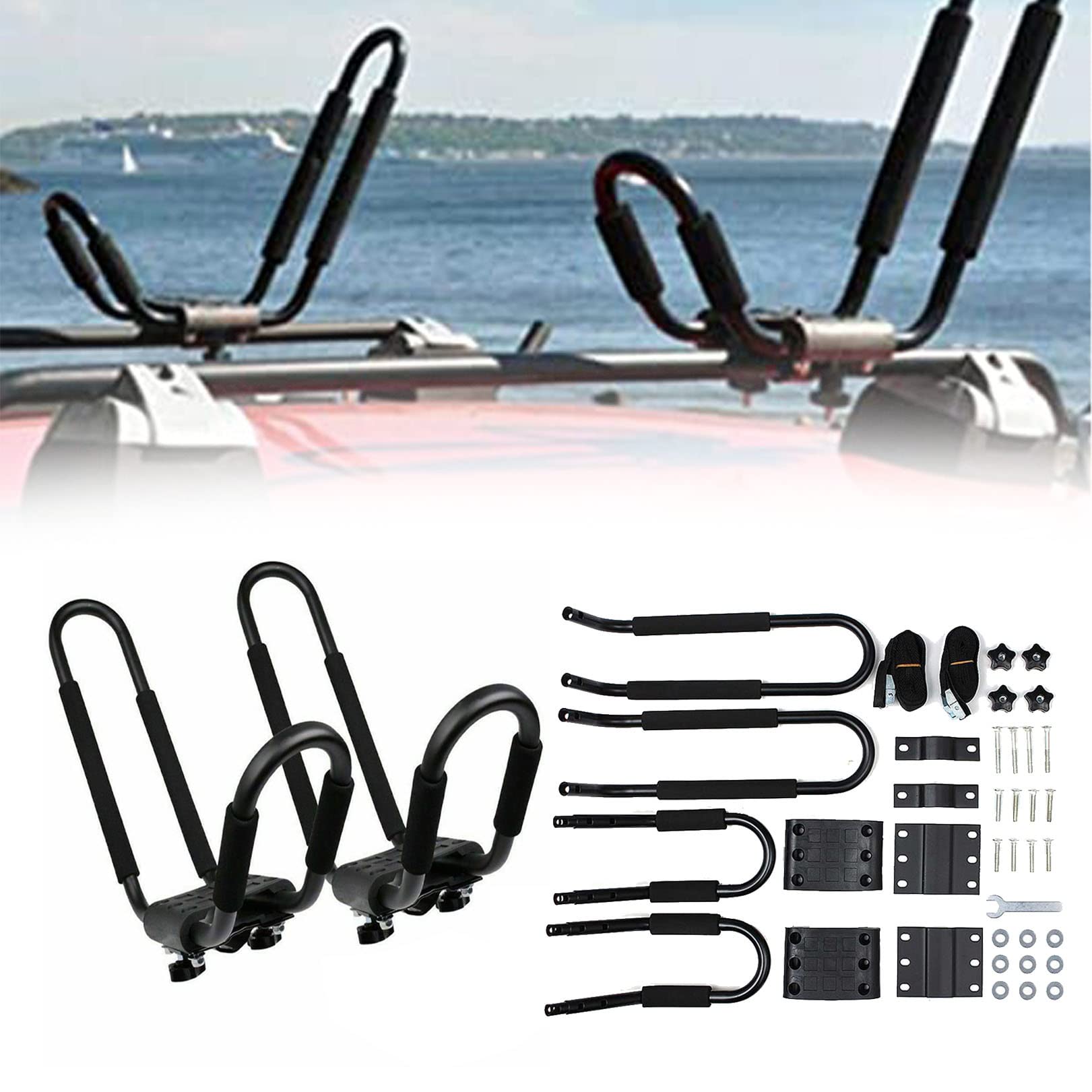 J-bar Kajak Bagażnik dachowy Canoe Boat Ski Surf Montaż na dachu Samochód Suv poprzeczka, zawiera 2 szt. Pasek mocujący i narzędzie instalacyjne (kolor: czarny)