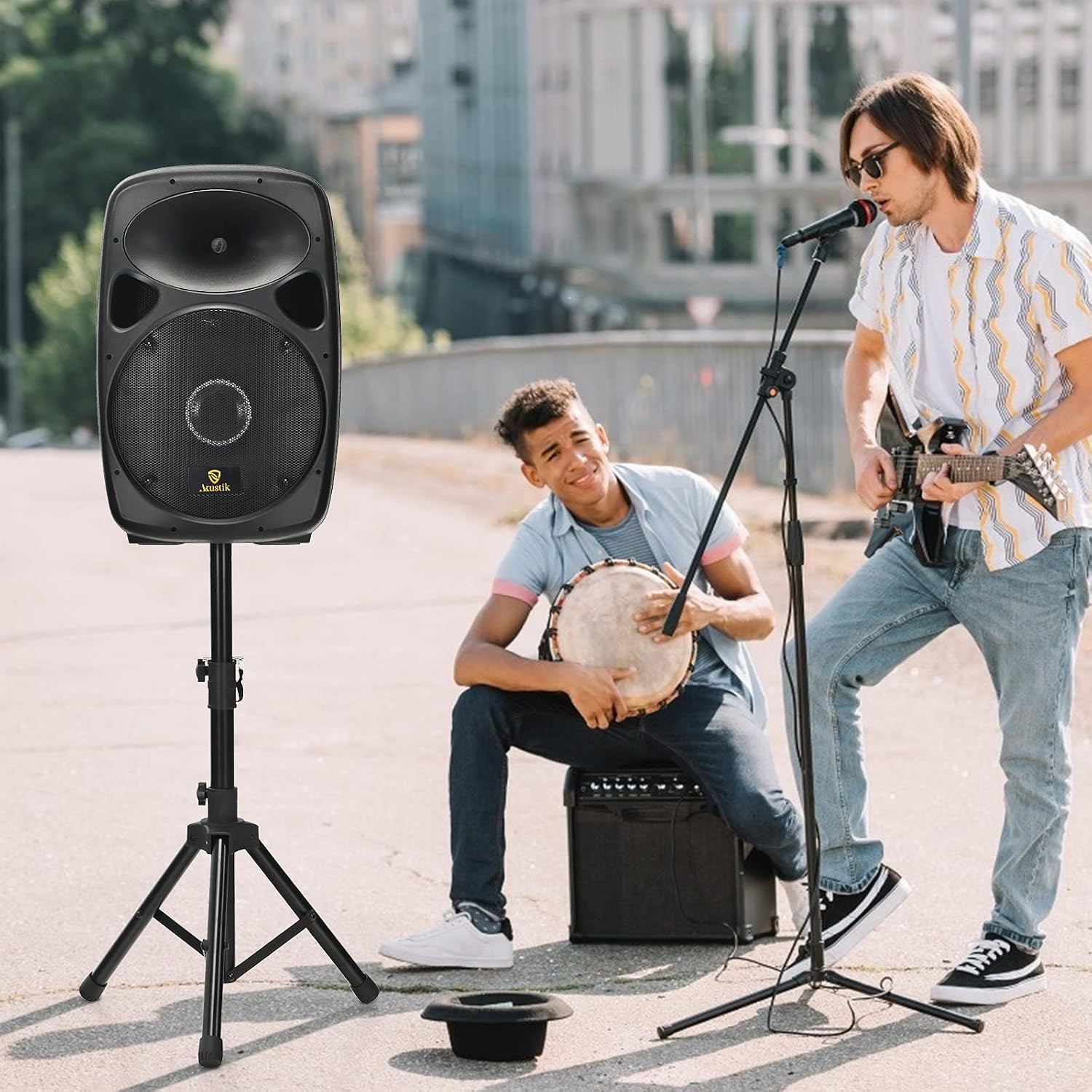 AKUSTIK Portable PA Speaker System with LED Light, 2-Way Full Range Powered Speaker with Wheels, Speaker Stand/Microphone/Bluetooth/EQ/USB/SD/FM, DJ Loudspeaker with Remote Control (12'' 1200W)