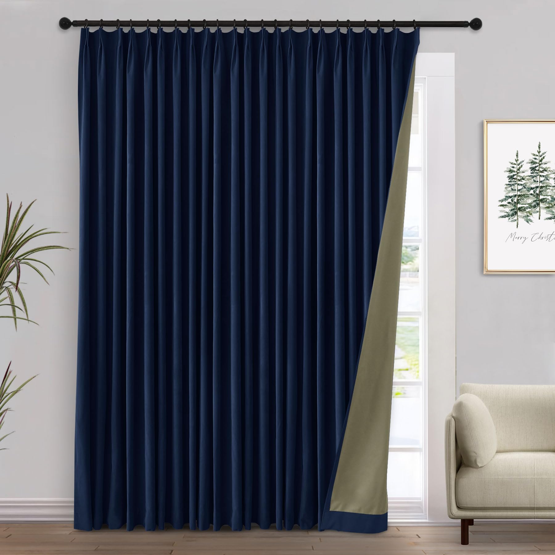 Macochico 100”Wx96”L Full Blackout Velvet Curtains for Sliding Door Home Theater Pinch Pleated Navy Blue Velvet Drapes Thermal Drapery for Living Room Bedroom Nursery Divider with Tieback 1 Panel