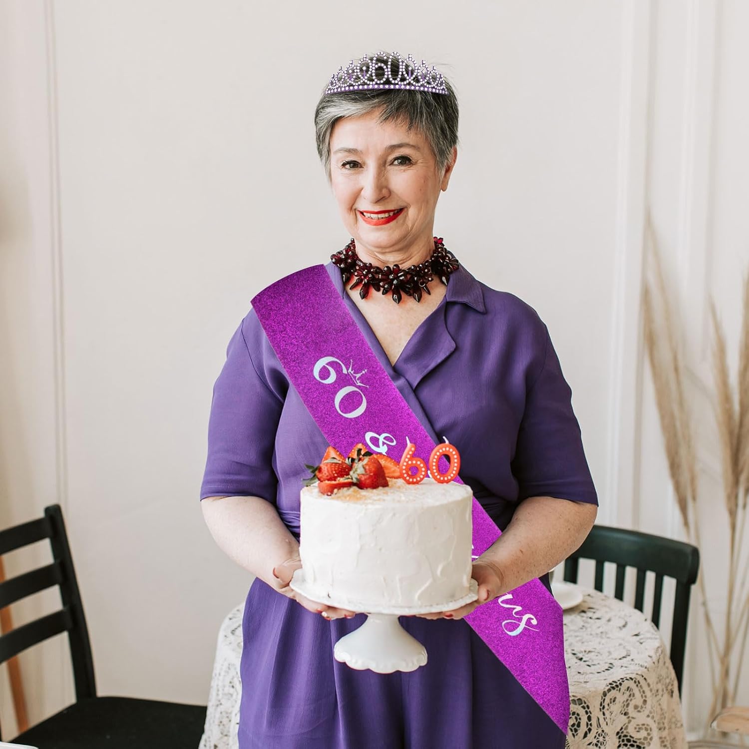Semato Purple 60th Birthday Tiara and Sash Kit-60th Birthday Gifts for Women