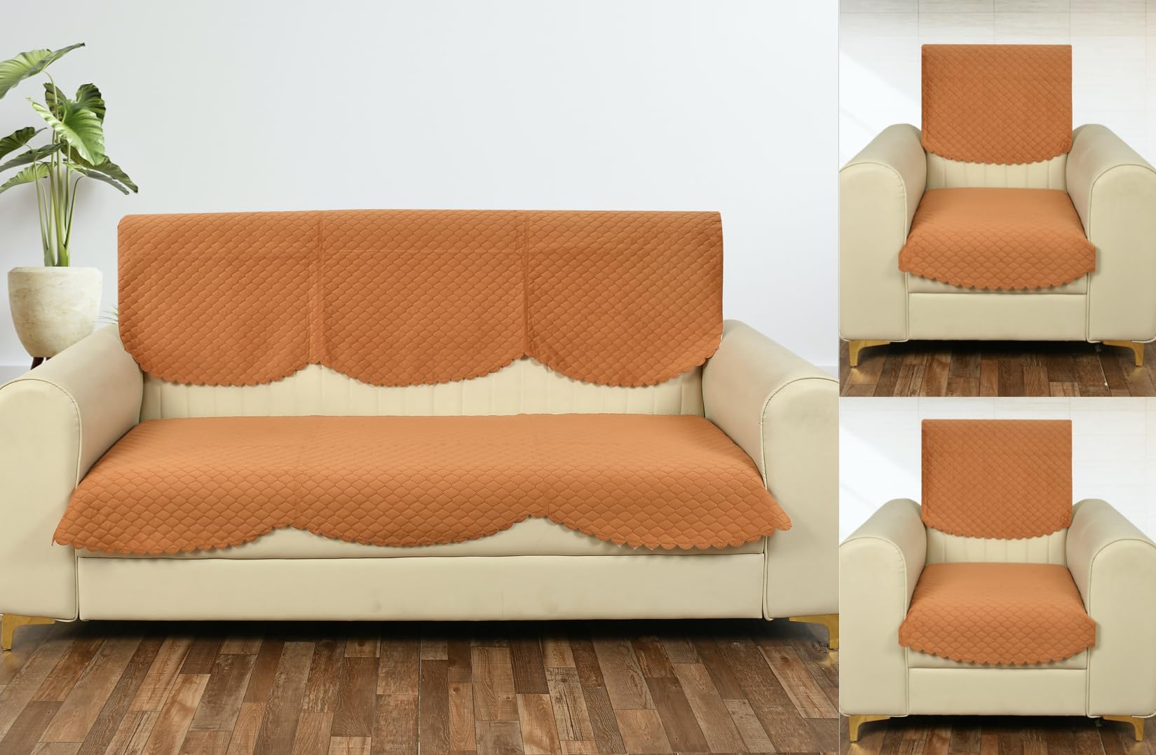 Money Home Decor Quilted Sofa Cover Set for 5 Seater | 3 Seater and 2 Seater Slip Covers/Velvet Panel (Tan Orange, 5 Seater)-image-12