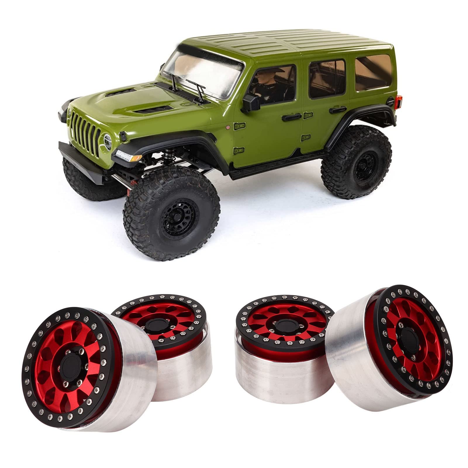 Cerchi per ruote di auto RC, 4 pezzi, cerchi di ricambio in lega di alluminio per auto RC SCX6 1/6, pneumatici fuoristrada leggeri e durevoli da 2,9 pollici con forte supporto su (Rossa)