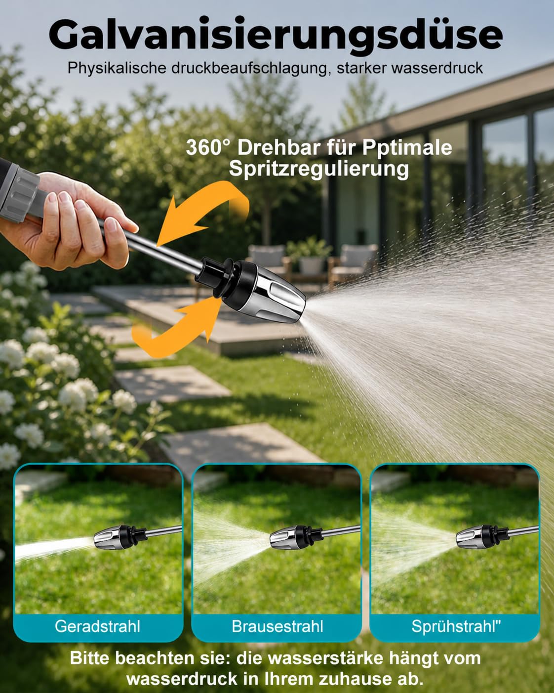 Jetteryx Hochdruckpistole Power Jet Hochdruckpistole für Gartenschlauch | Verstellbare Gartenschlauchdüse aus Metall mit 3 Sprühmodi, Gartenbrause für Auto Waschen, Pflanzen Gießen & Reinigung