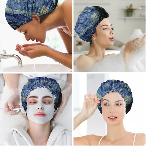 2 PCS Shower Cap Reusable Waterproof Double Layer Elastic Adjustable Hair Bath Caps for Girls Women Cute Aesthetic-Green Blue