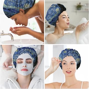 2 PCS Shower Cap Reusable Waterproof Double Layer Elastic Adjustable Hair Bath Caps for Girls Women Cute Aesthetic-Green Blue