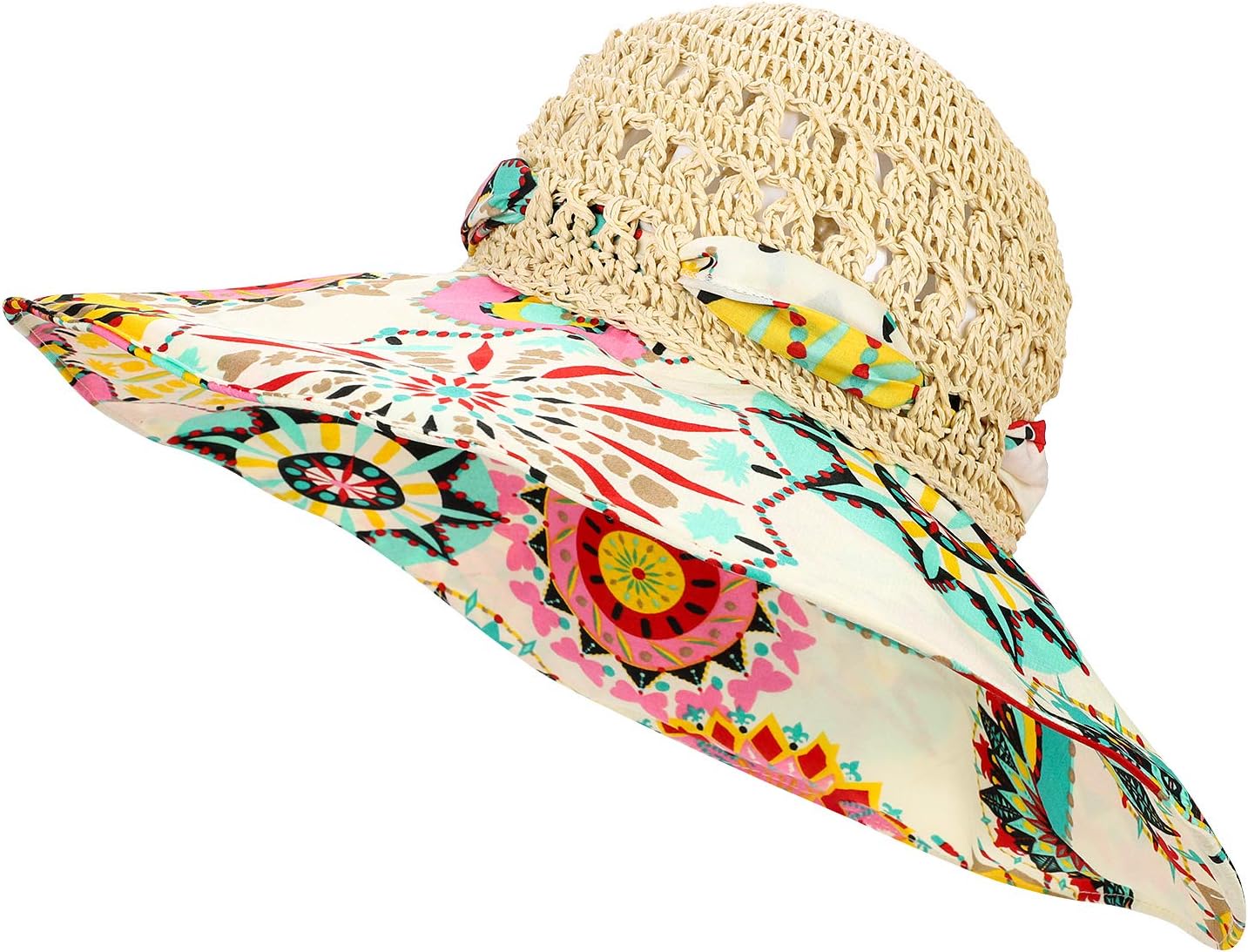 Summer Anti-UV Wide Brim Beach Hats Women Flower Floppy Foldable Roll up Cap