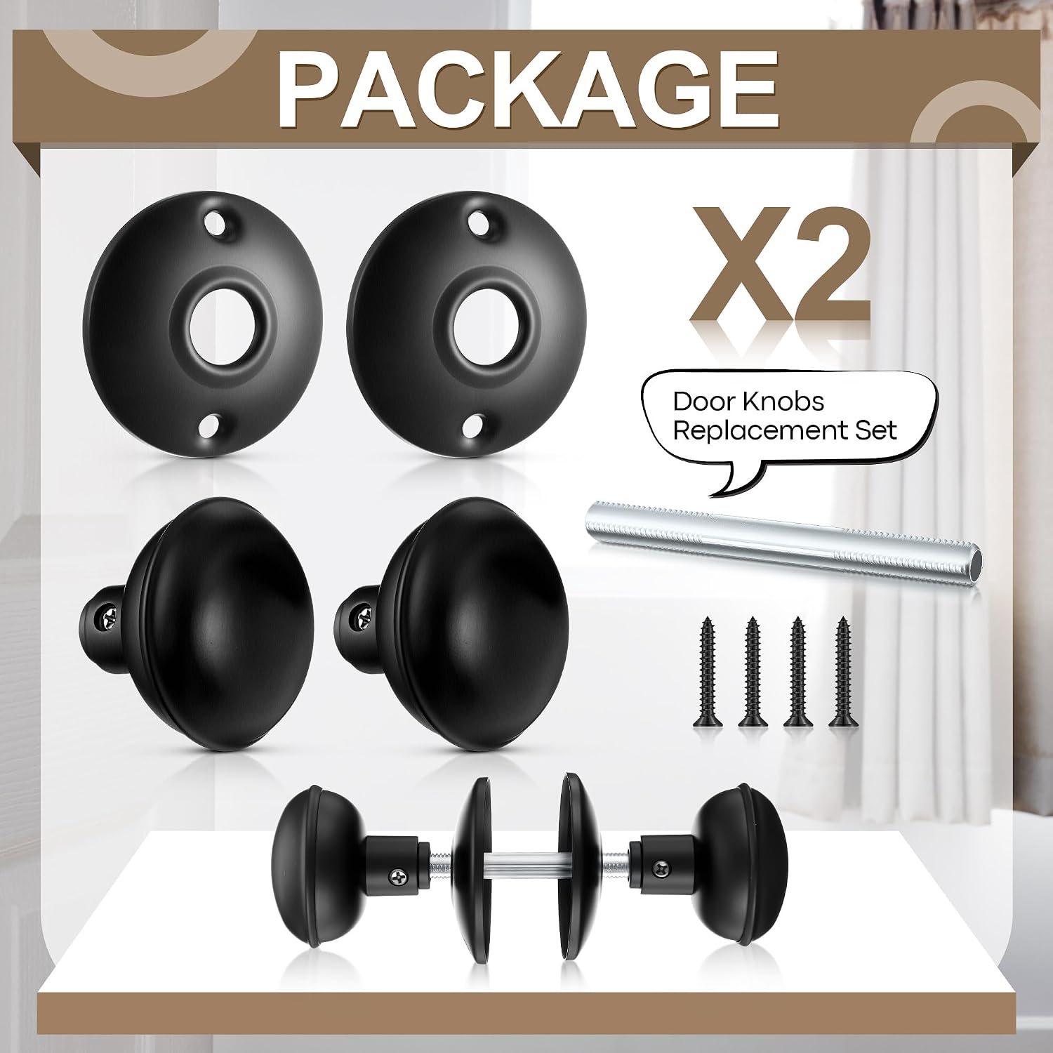 Saillong 2 Sets Interior Door Knob Set with Spindle, Round Rosettes, Old Style Door Knob Replacement with Electroplate Design, 2.2in. Outside Diameter for Interior (Matte Black)