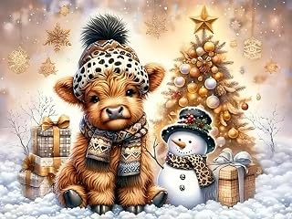 MjhRcll Christmas Diamond Painting Kits for Adults - Highland Cow Diamond Art Kits Full Round Drill, 5D DIY Winter Gem Art Paint by Diamonds for Home Wall Decor16x12 inch