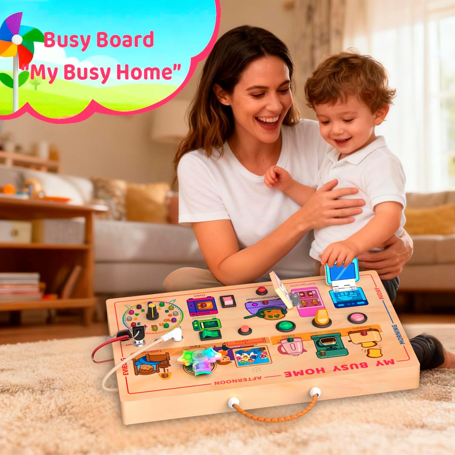 UdoUto My Busy Home Montessori Busy Board for Toddlers 1-3 - Wooden Sensory Activity Board with Kitchen Appliances, Switches, Clock | Educational Fine Motor Skill Toy for 1+ Year Old Boys Girls