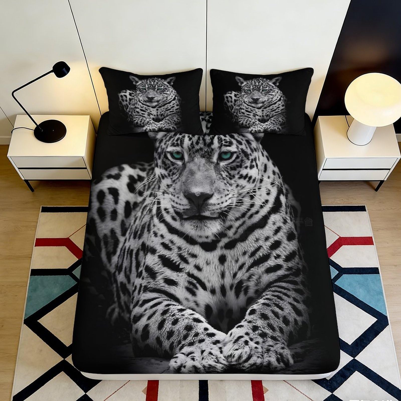3D Printed Black Leopard Fitted Sheet Microfiber Soft Breathable Jaguar Bed Cover for Bedroom Dormitory Guest Room Mattress Protection Decor 180x200x25cm