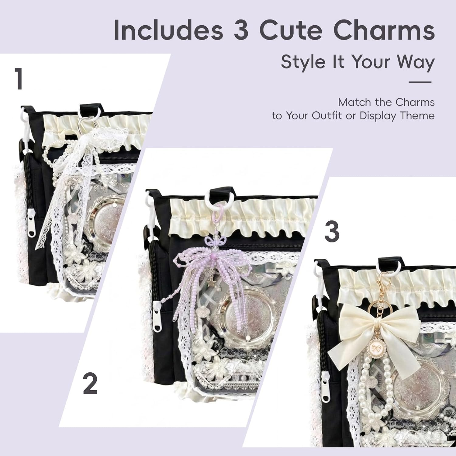 Ita Bag with 3 Bag Charms - Clear Window Y2K Kawaii Lace Crossbody Bag for Pins & Button Badges, Gift for Anime Fans
