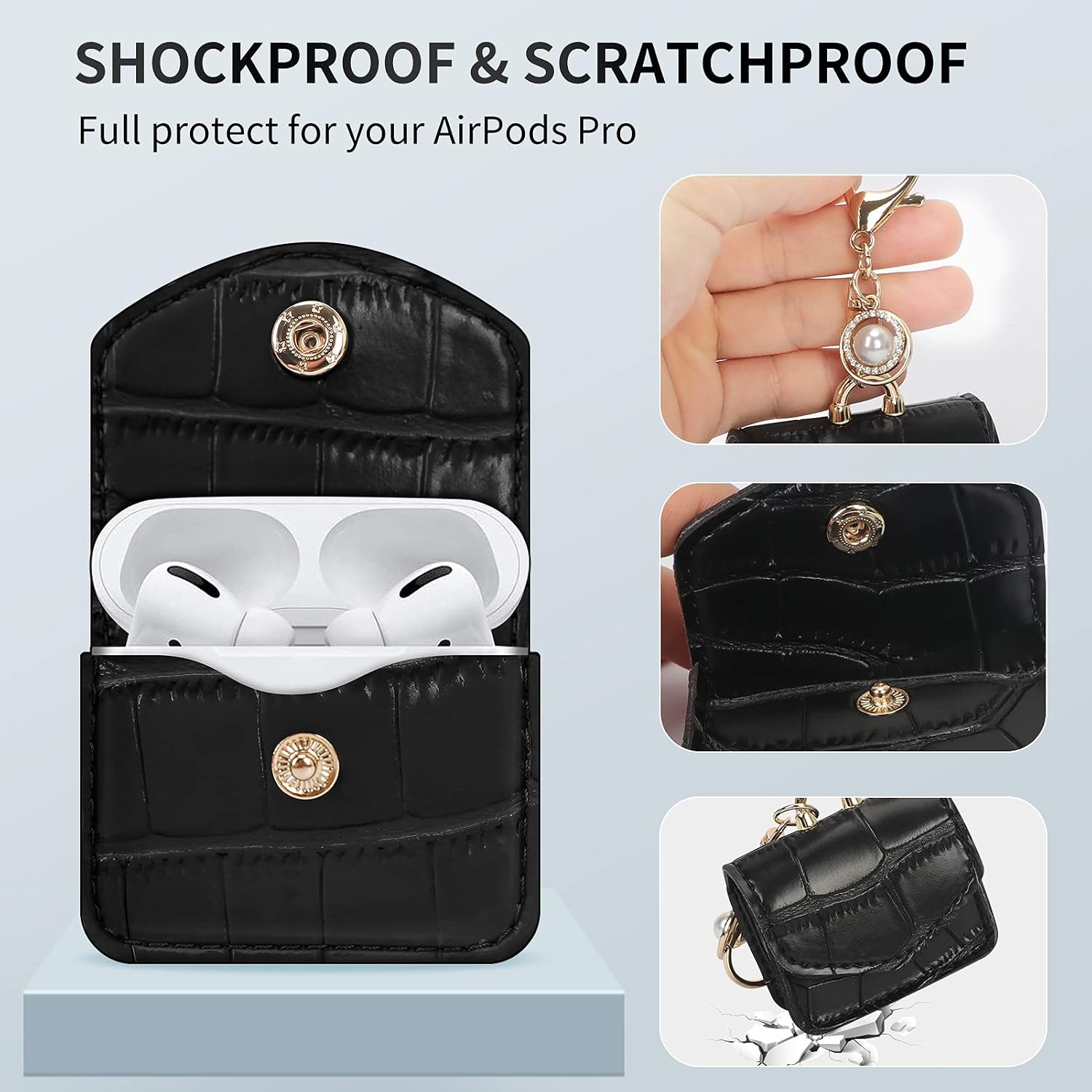 FYY Case Designed for Airpods Pro PU Leather Case Cover with Pearl Crystal Rhinestone Ornaments and Metal Buckles for Apple Airpods Pro - Black