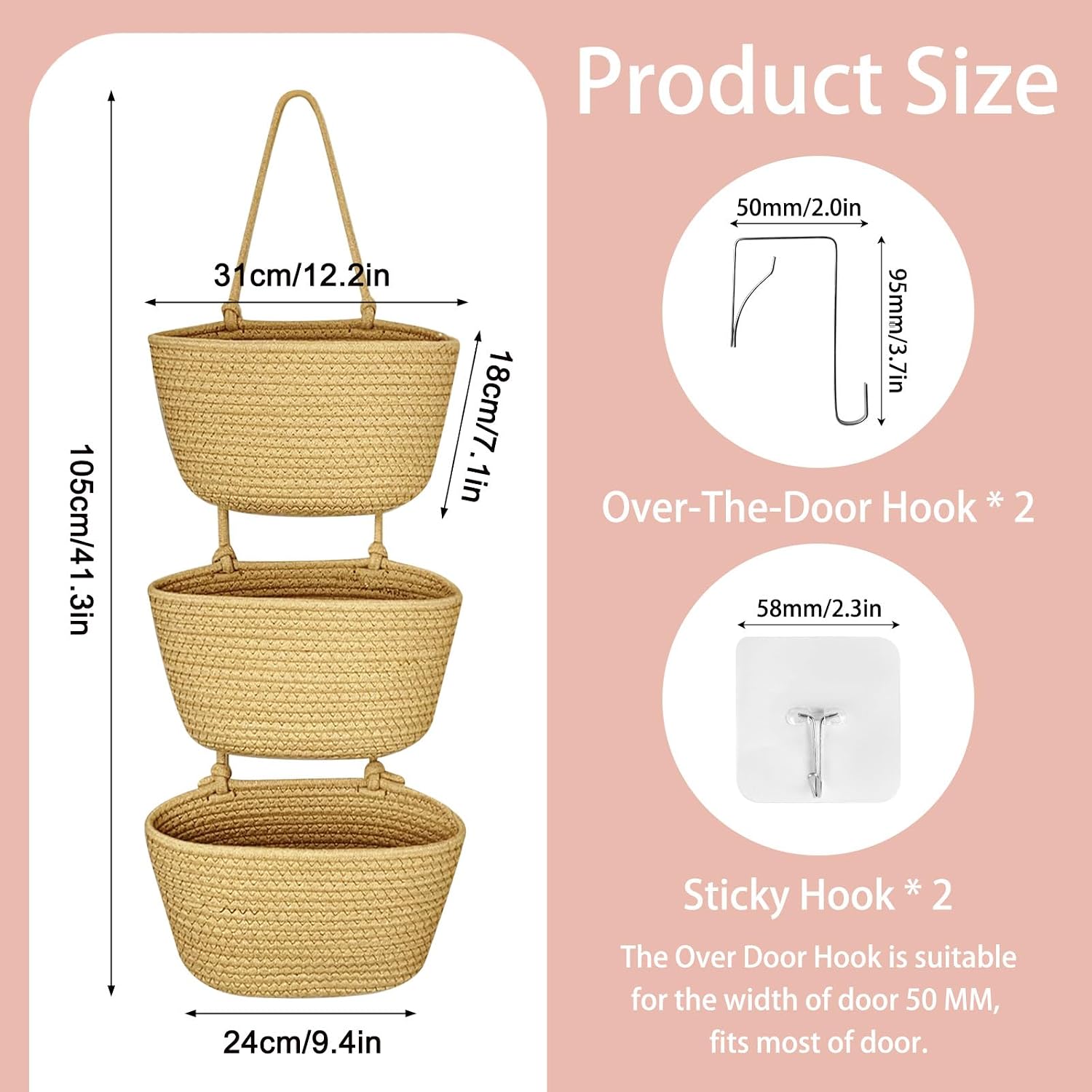Over The Door Hanging Basket, 3 Tier Jute Woven Cotton Rope