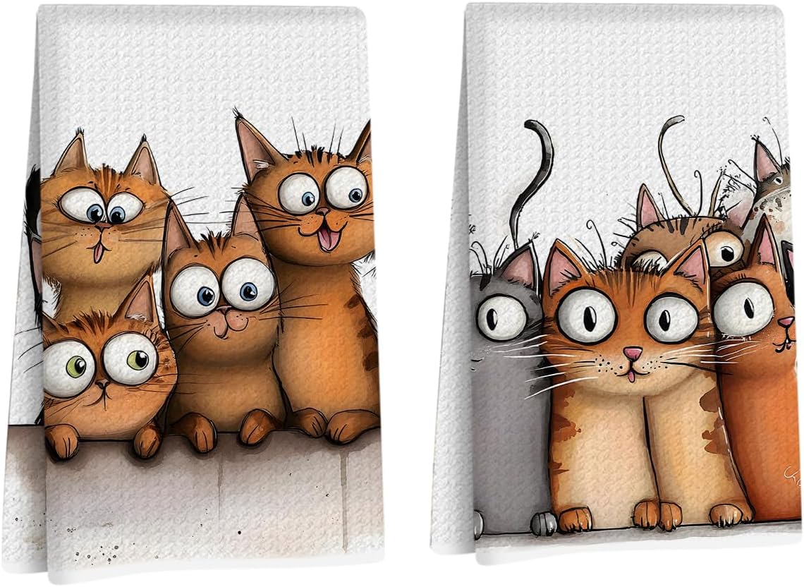 2 Pcs Cute Cat Kitchen Towels, Funny Decorative Absorbent Microfiber Dish Cloth Tea Towel, Waffle Soft Hand Towels for Kitchen Home Bathroom Farmhouse Decor, Cat Lover Gifts for Women
