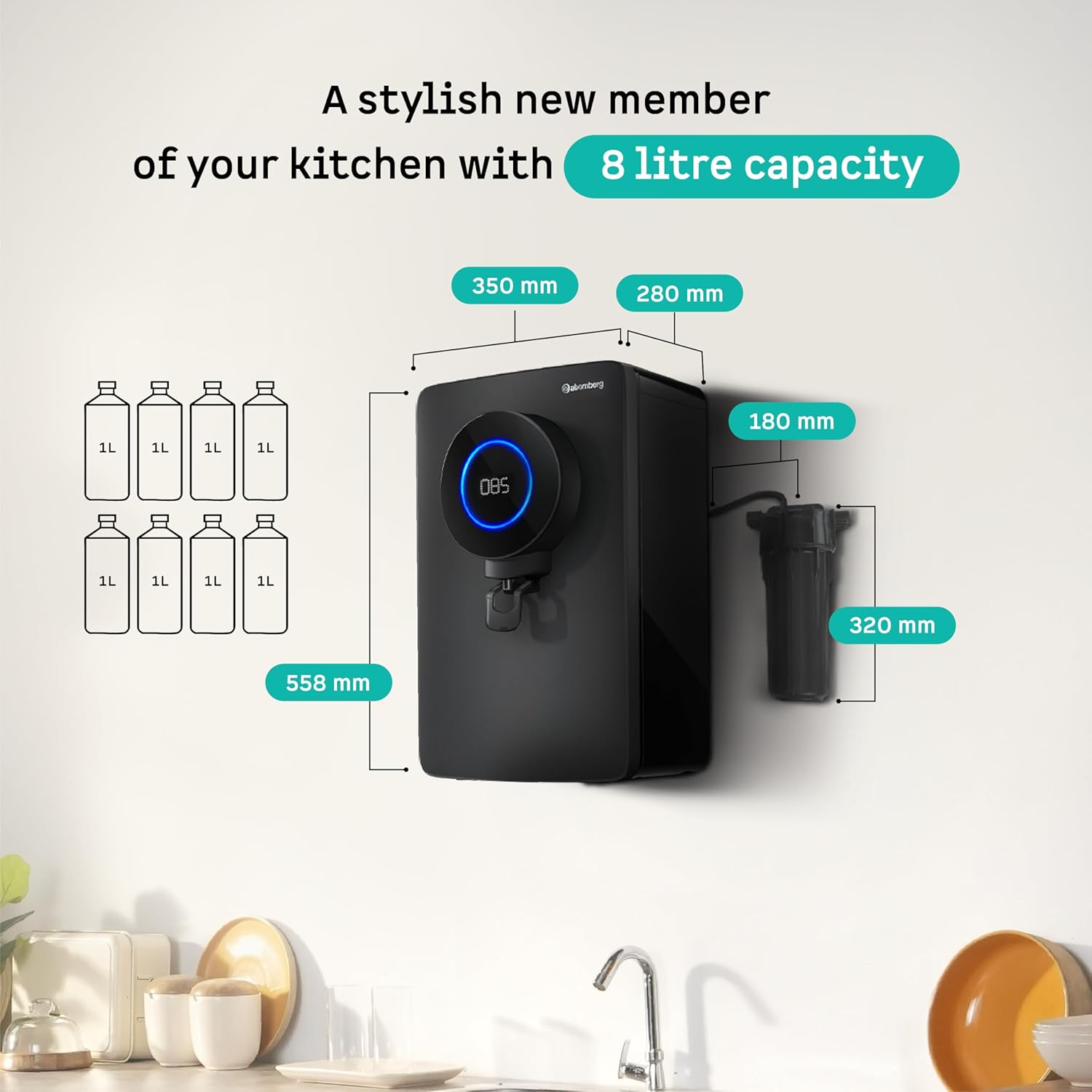 Diagram showing dimensions of the Atomberg Intellon Water Purifier and its pre-filter