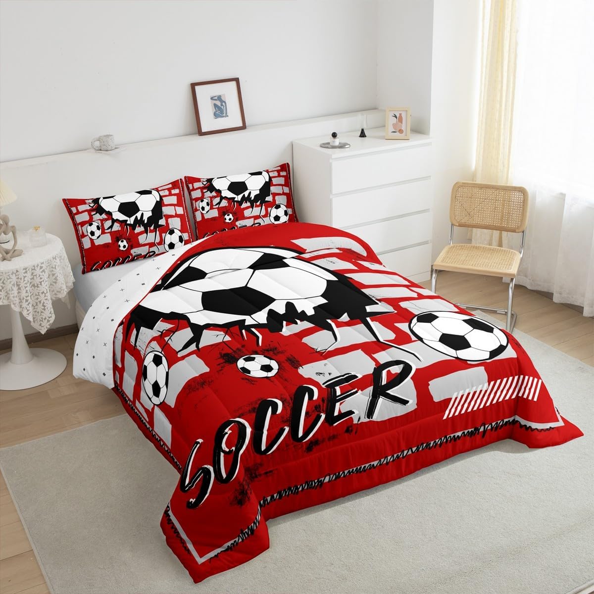 Feelyou Ball Sports Comforter Set Queen,Football Soccer Bedding Set,Football Game Comforter Set,Soccer Ball Bedding Set,World Cup Black White Ball Bedding for Boys Kids Men,1 Quilt 2 Pillowcases