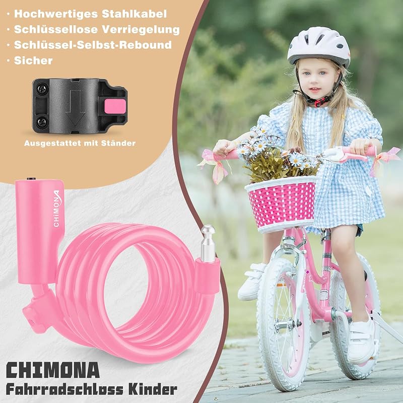 CHIMONA Gyerek Kerékpár Zár 120 cm Rózsaszín Kábelzár Tartóval, Hordozható Bicikli Lakat Roller Robogó Babakocsira