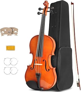 4/4 Violin for Beginners, Acoustic Full Size Violin Starter Kit for Student, Natural Varnish Stringed Musical Instrument with Case, Bow, Rosin, Bridge, Extra Strings (MV200, 4/4)