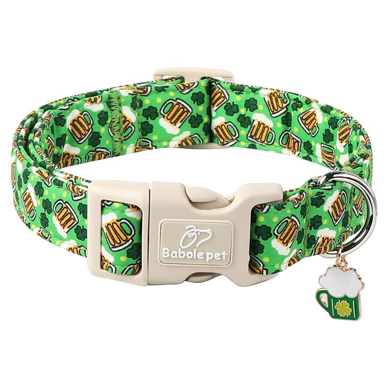Coleira básica para cães pequenos Babole Pet com estampa Beer Shamrocks e fecho de liberação rápida, XS