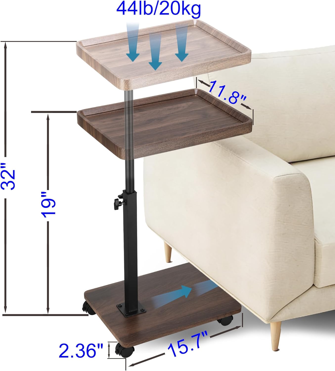 C Shaped End Table for Couch, Adjustable C Shaped Side Table with Wheels, Anti Fall Measures TV Trays Table for Eating, Sofa, Bedroom, Living Room