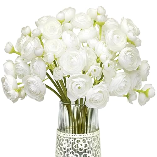 Letjolt Ranunculus Artificial Flower White Silk Flowers, 18 Pcs |